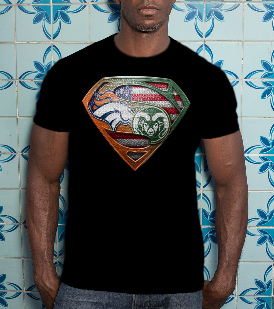 Denver Broncos And Colorado State Rams Superman Shield American Flag Montage T-Shirt