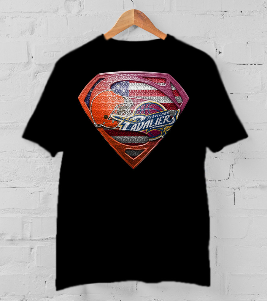 Cleveland Cavaliers And Browns Superman Shield With American Flag T-Shirt