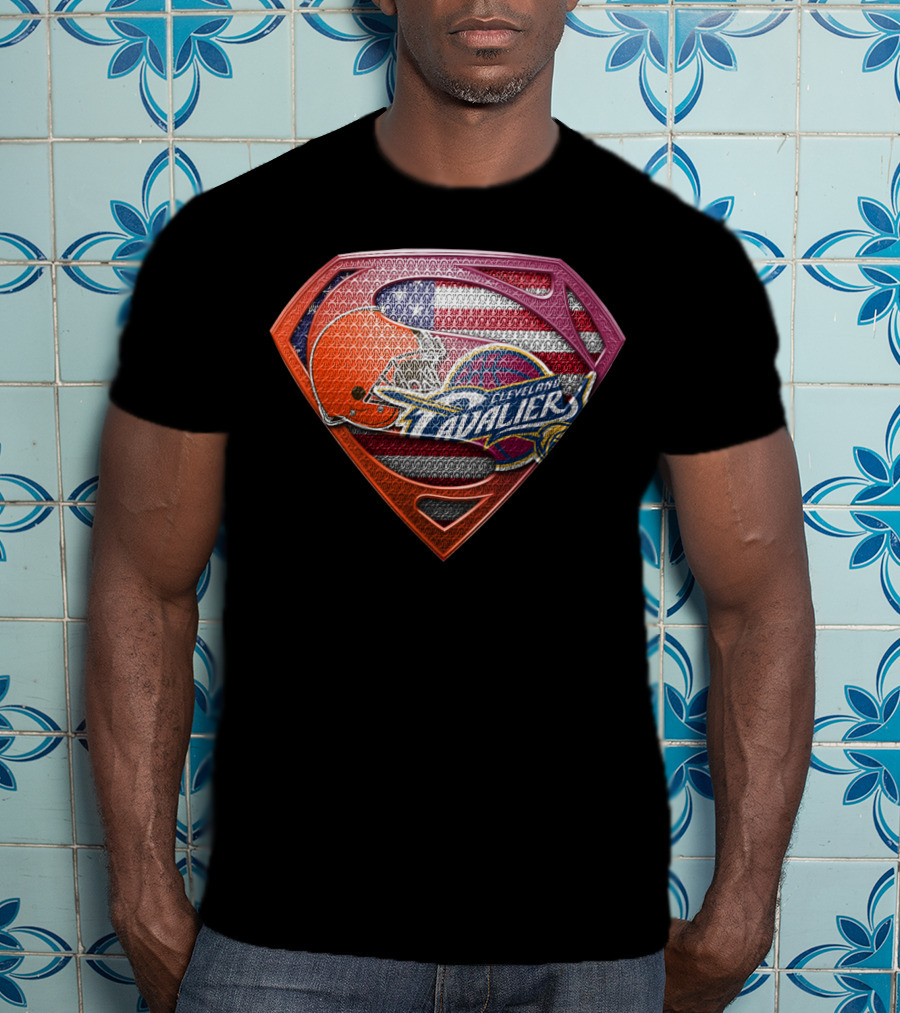 Cleveland Cavaliers And Browns Superman Shield With American Flag T-Shirt