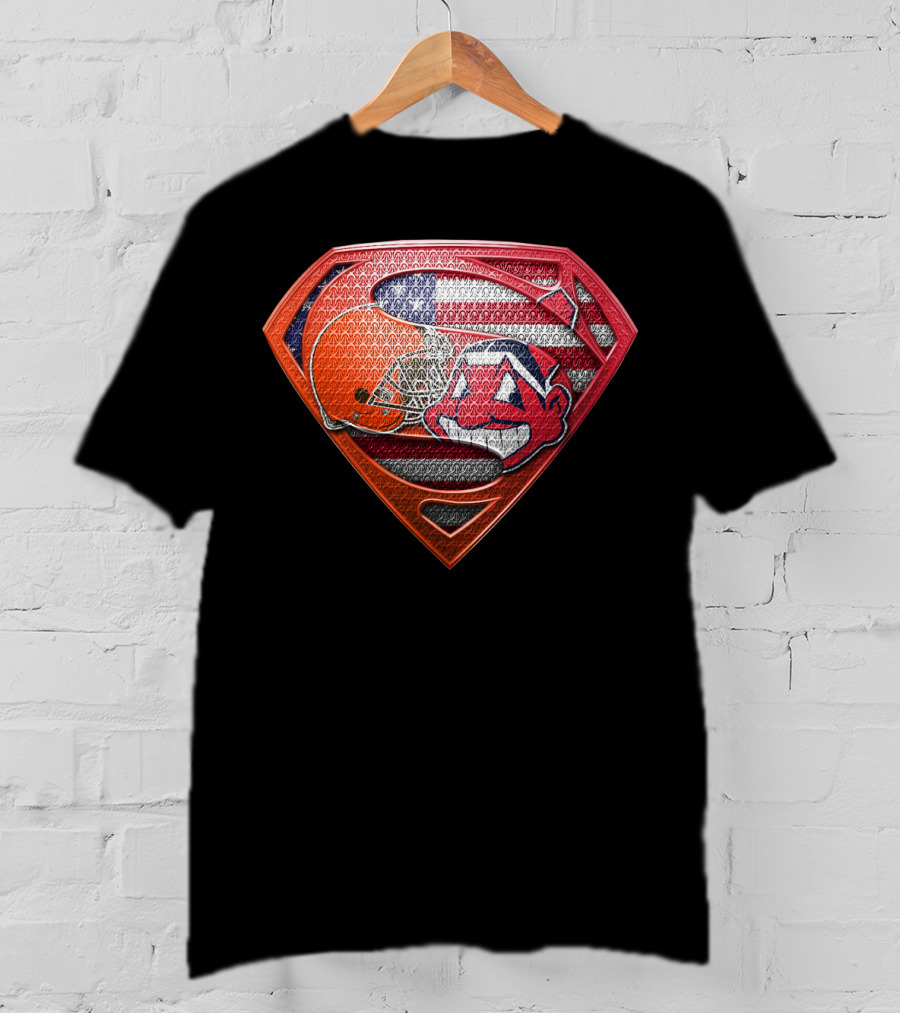 Cleveland Browns Superman Shield With Chief Wahoo And Usa Flag T-Shirt