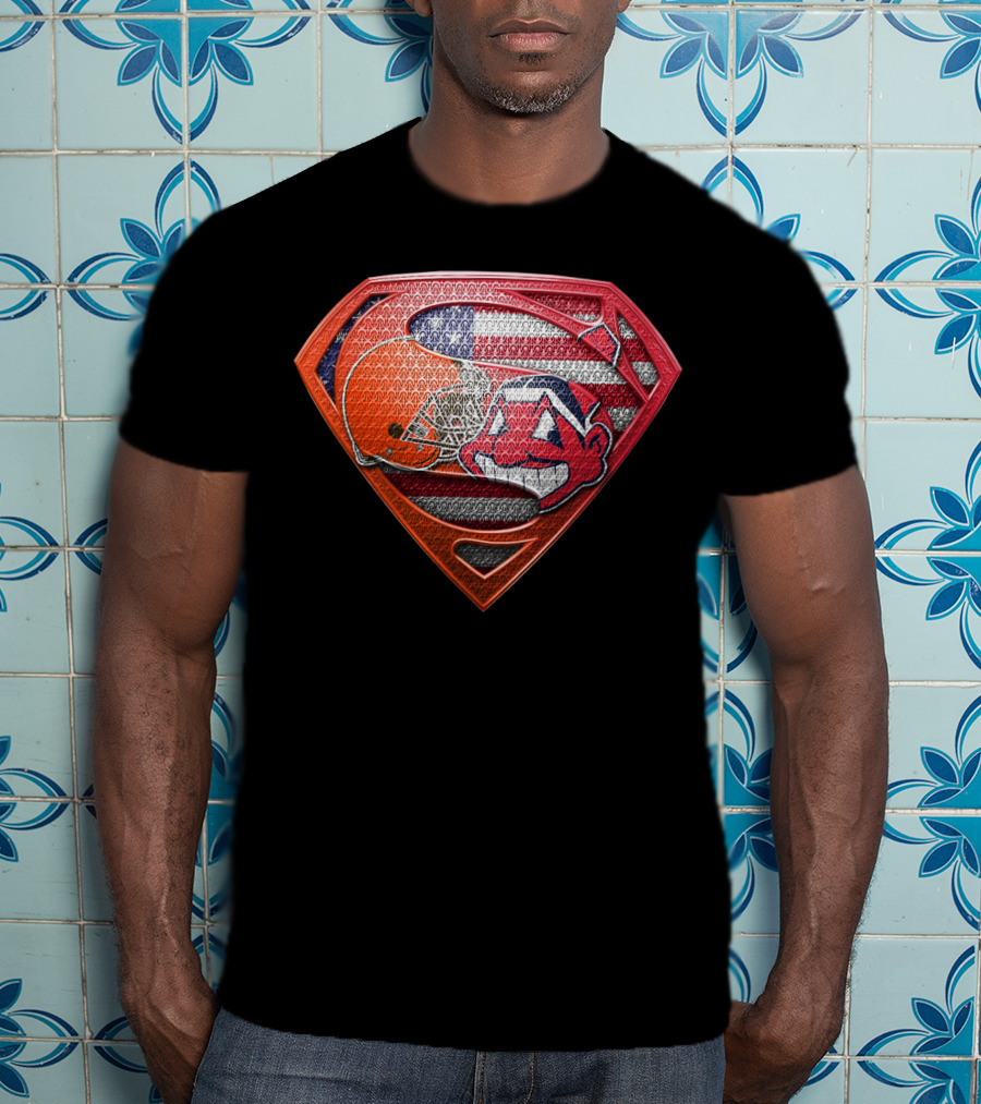 Cleveland Browns Superman Shield With Chief Wahoo And Usa Flag T-Shirt