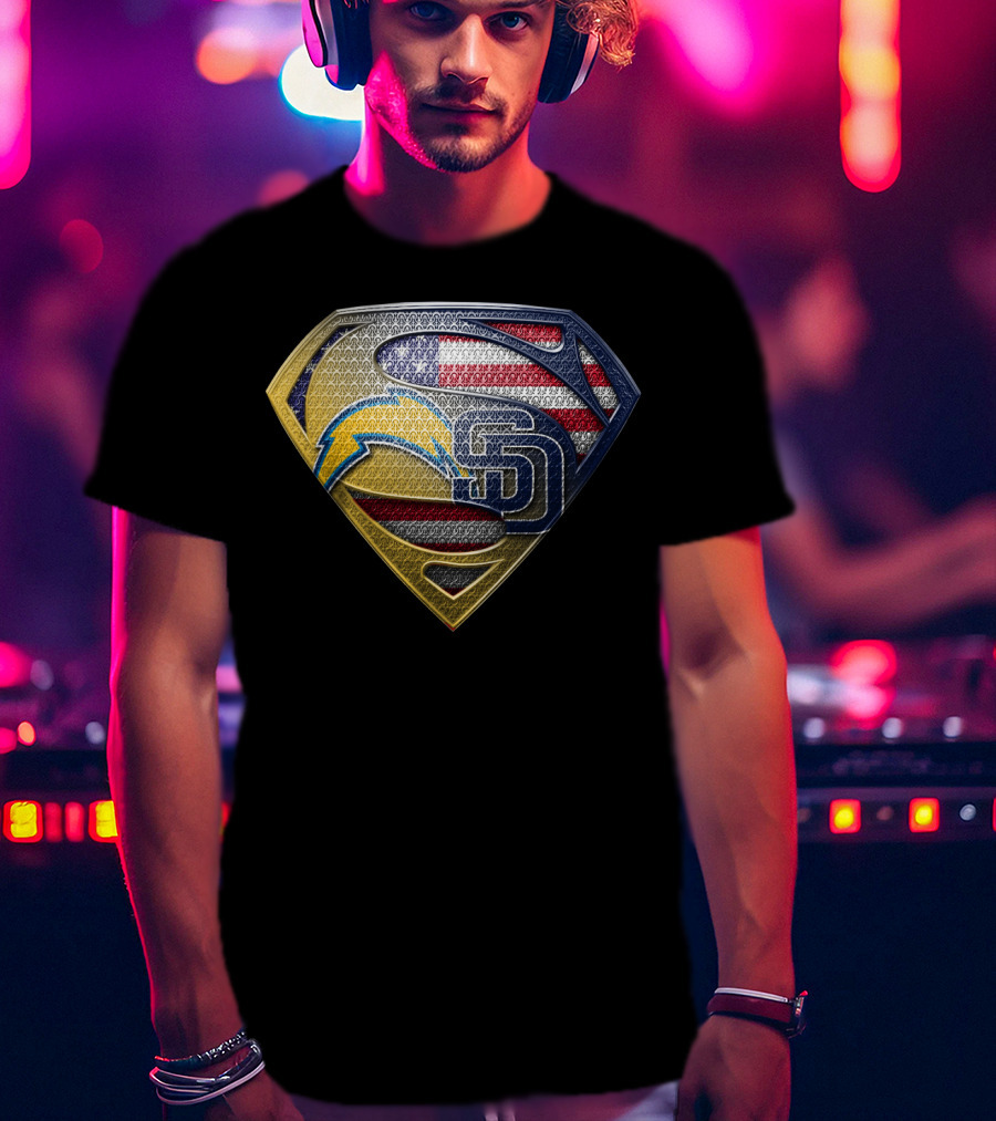 Superman Logo With San Diego Chargers And Padres Usa Flag Elements T-Shirt