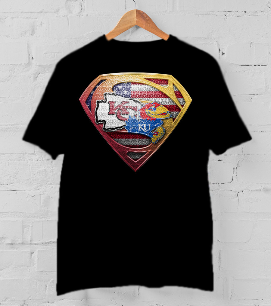 Superman Kansas City Chiefs Ku Jayhawks Usa Flag T-Shirt