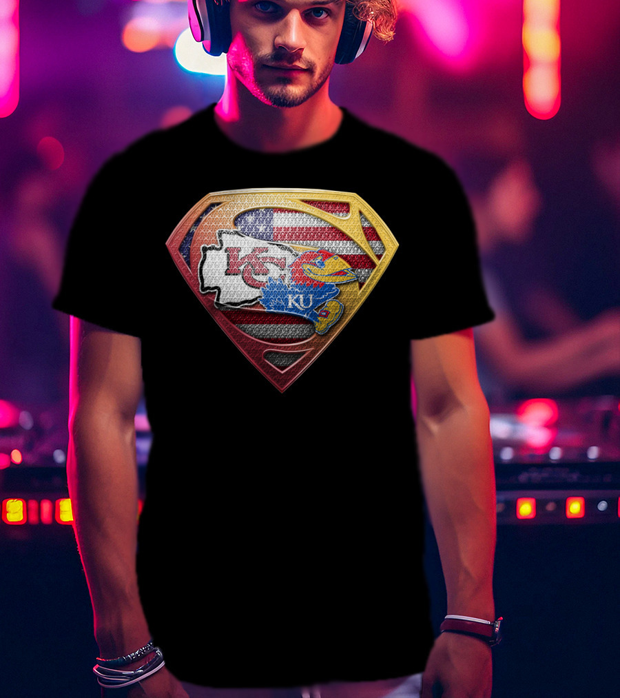 Superman Kansas City Chiefs Ku Jayhawks Usa Flag T-Shirt