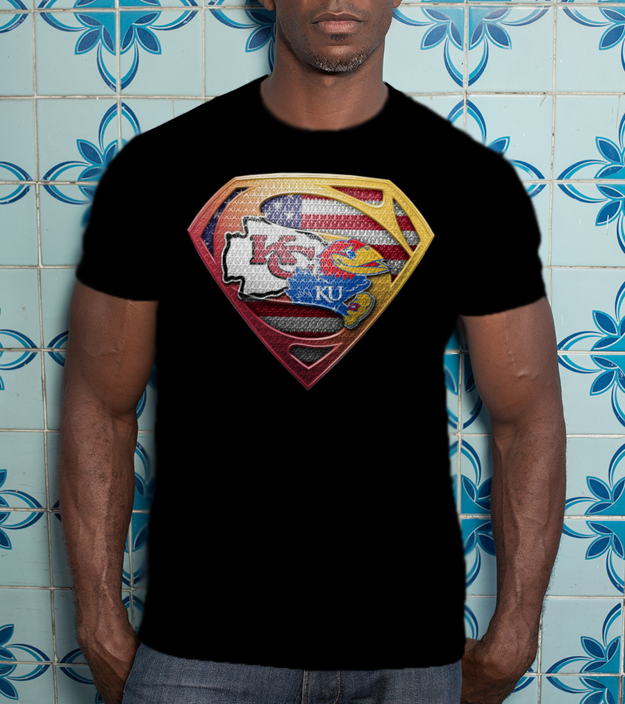 Superman Kansas City Chiefs Ku Jayhawks Usa Flag T-Shirt
