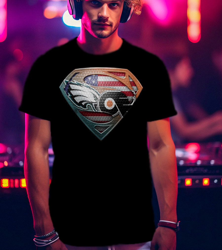 Superman Shield American Flag Philadelphia Eagles Flyers Logo Fusion T-Shirt