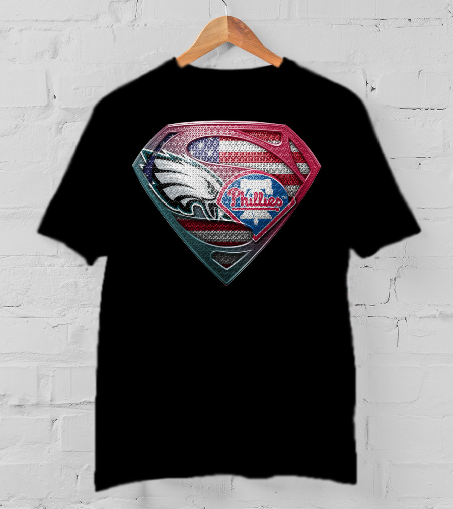 Eagles Phillies Superman Logo American Flag T-Shirt