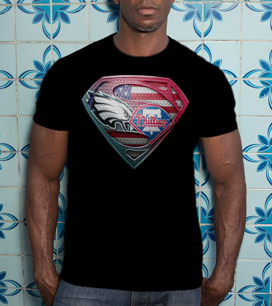 Eagles Phillies Superman Logo American Flag T-Shirt