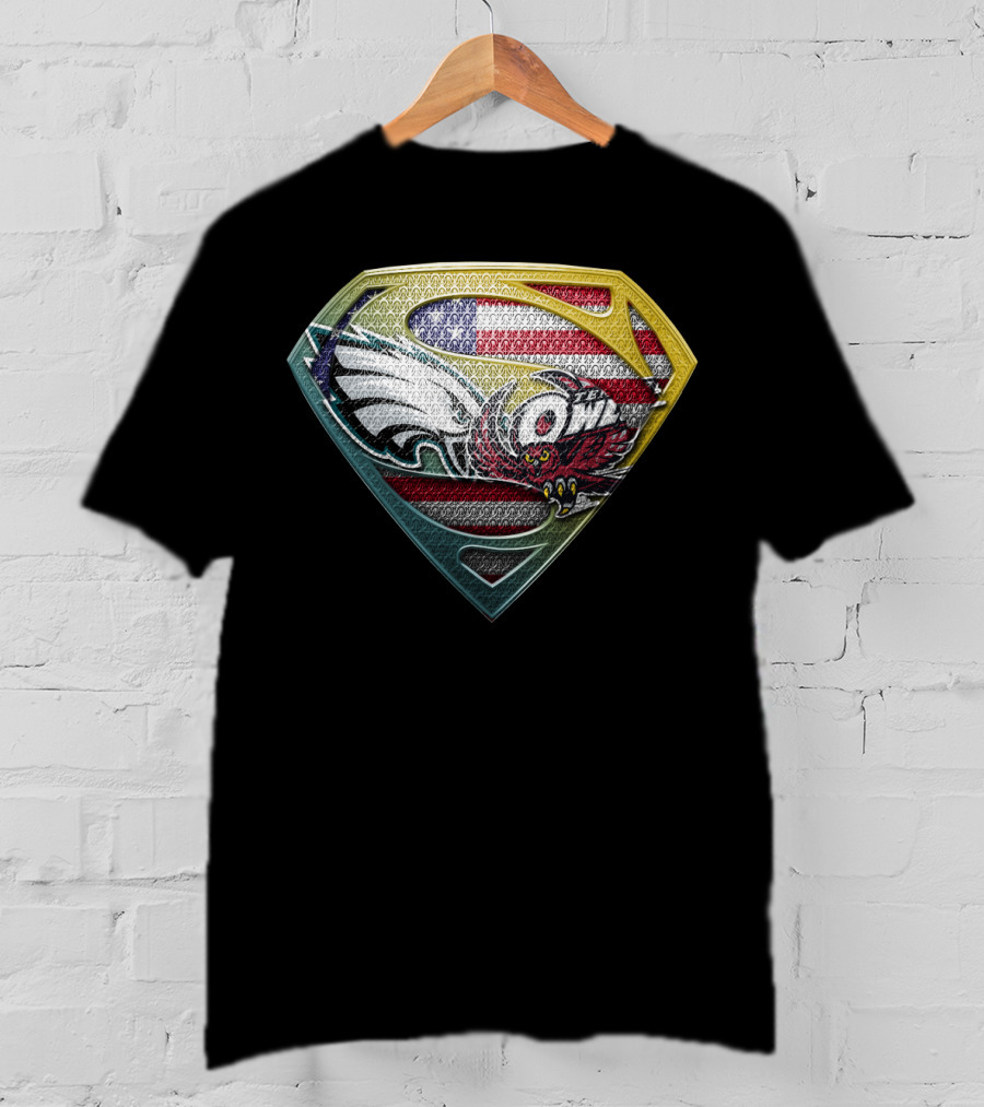 Philadelphia Eagles Temple Owls American Flag Superman Shield T-Shirt
