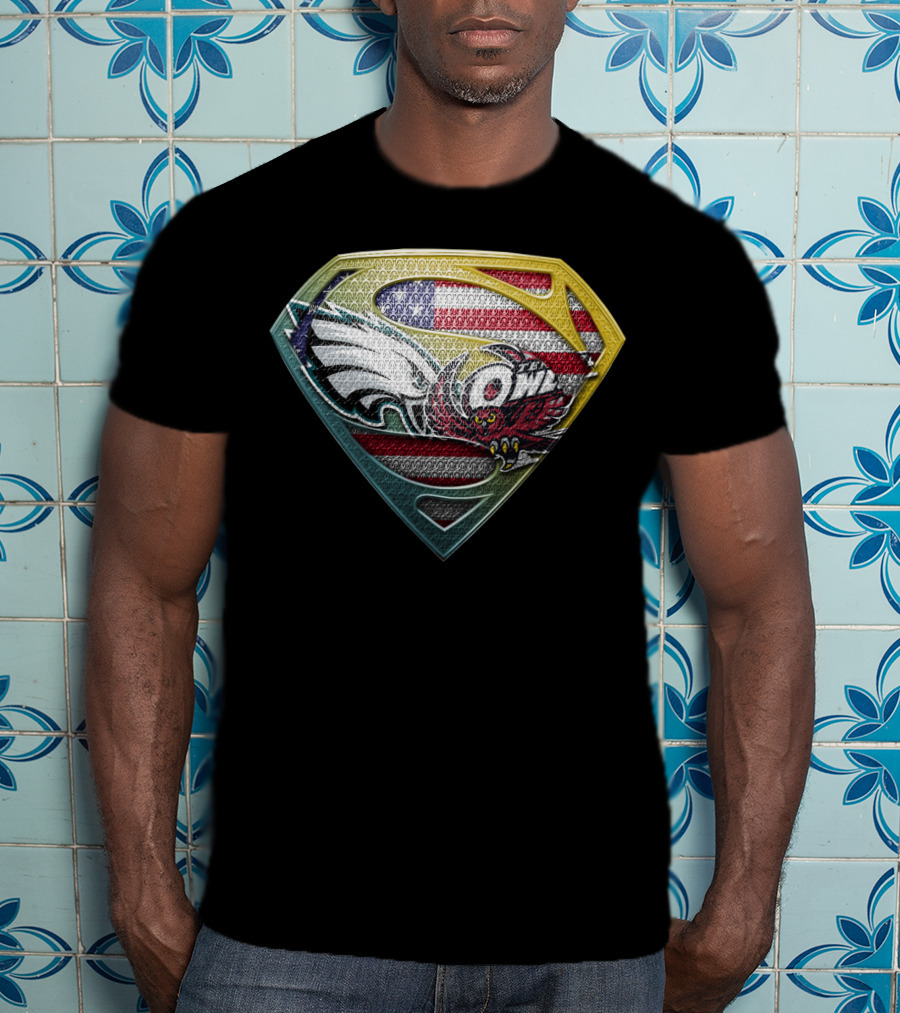 Philadelphia Eagles Temple Owls American Flag Superman Shield T-Shirt