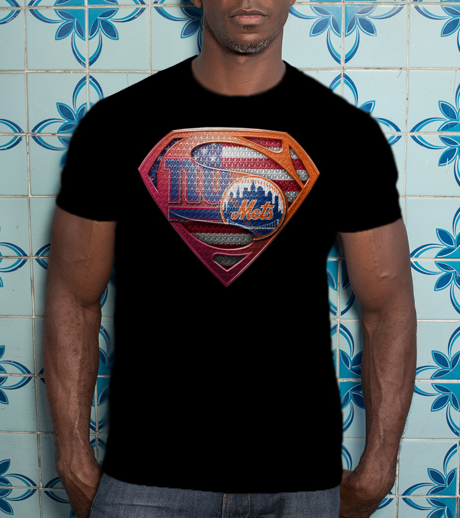 New York Giants Mets Superman Logo American Flag T-Shirt
