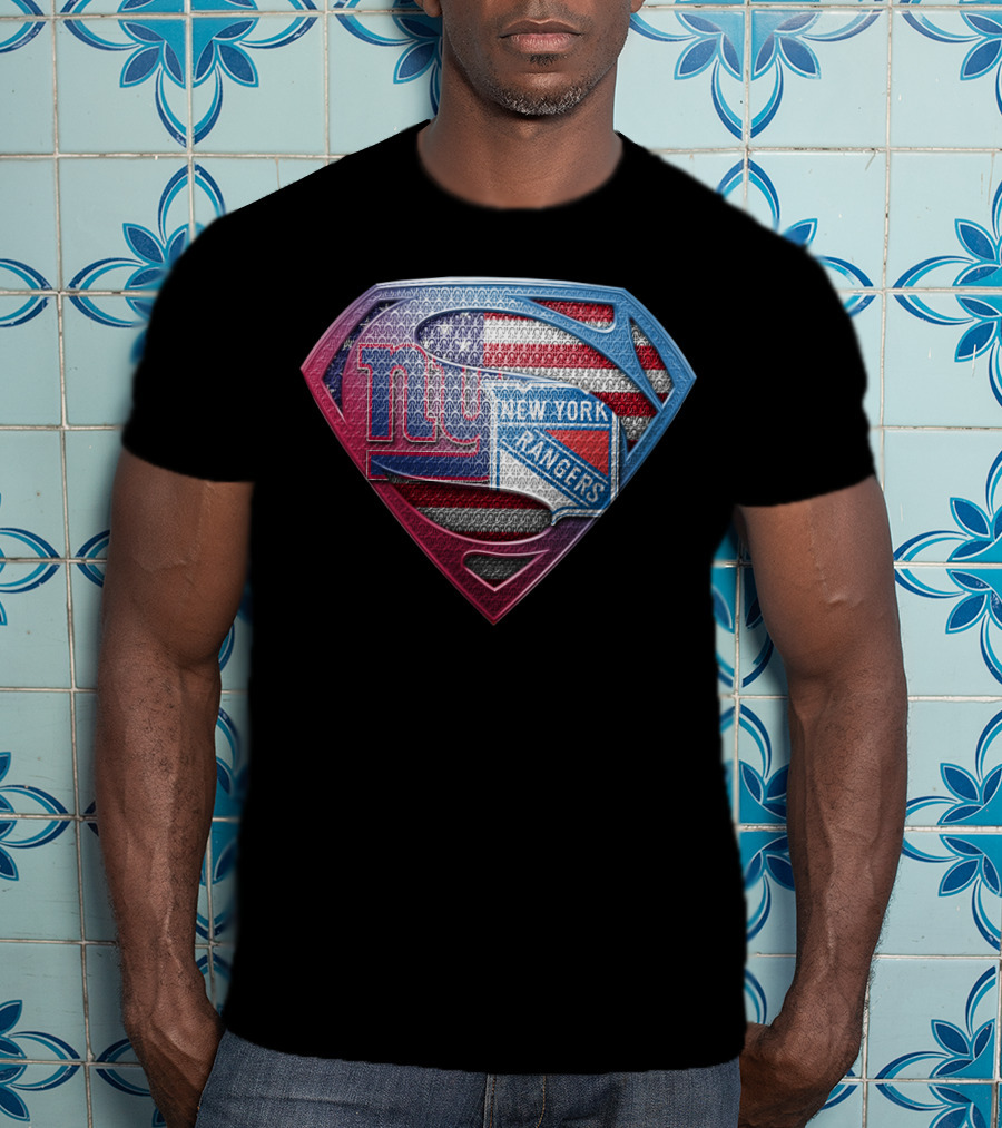 Ny Giants New York Rangers American Flag Superman Shield T-Shirt