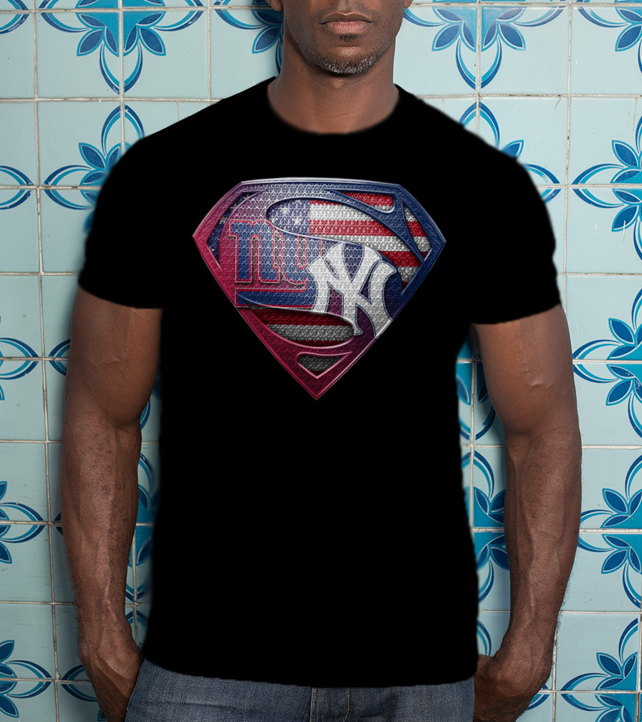New York Giants Yankees American Flag Superman Logo Fusion T-Shirt