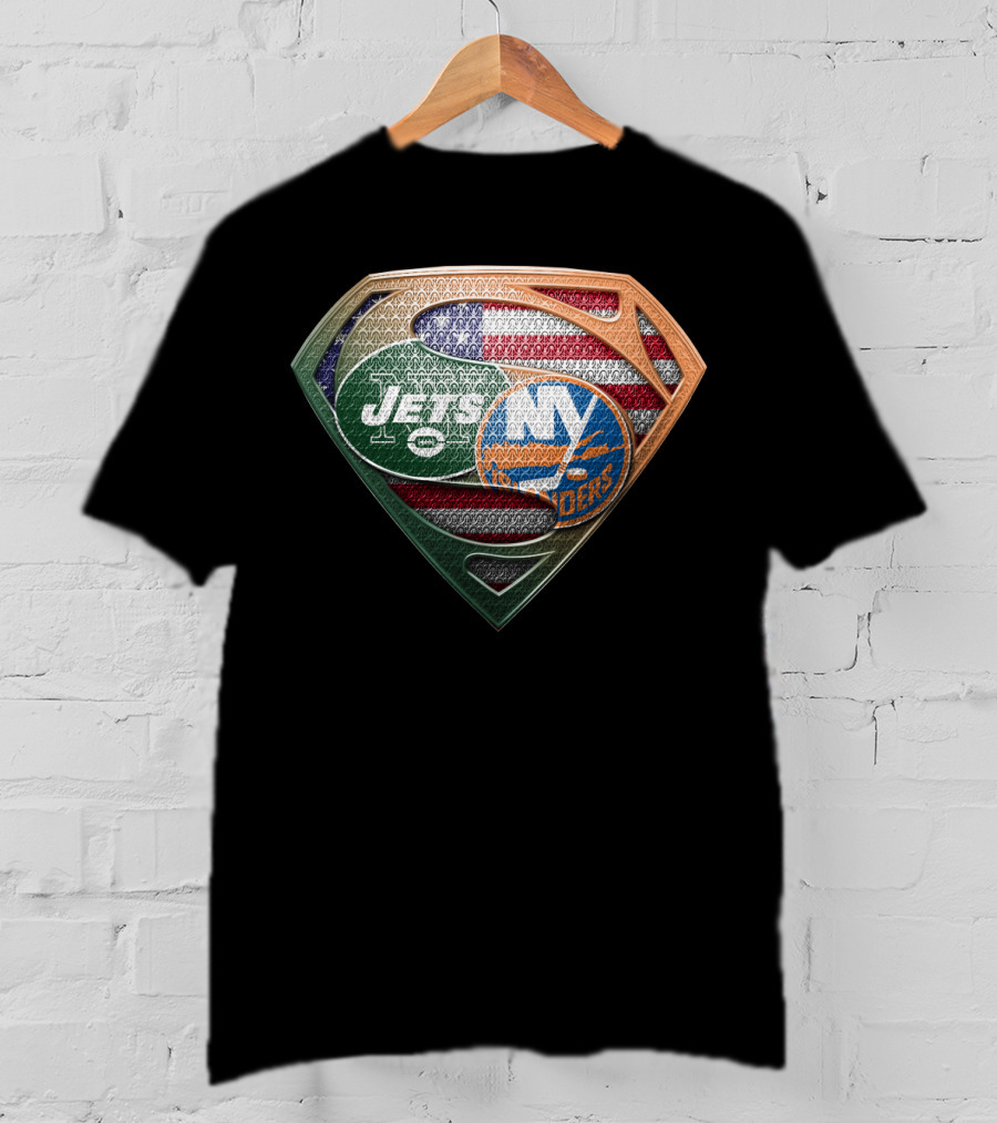 New York Jets Ny Islanders American Flag Superman Shield T-Shirt