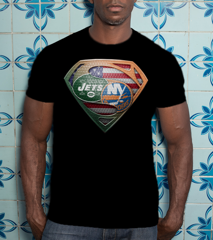 New York Jets Ny Islanders American Flag Superman Shield T-Shirt
