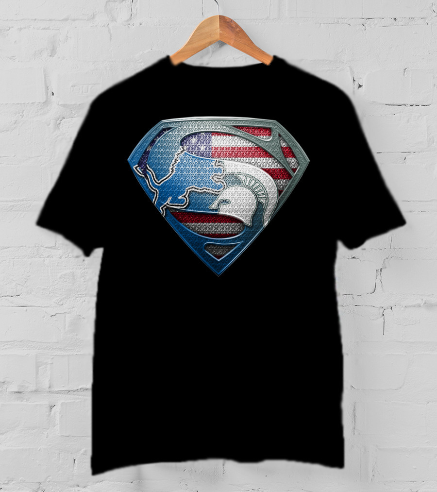 Detroit Lions And Michigan State Spartans American Flag Superman T-Shirt