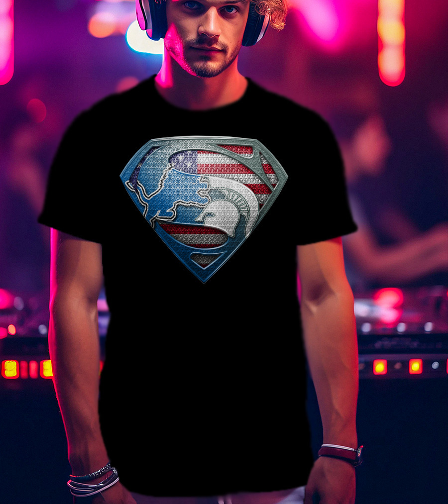 Detroit Lions And Michigan State Spartans American Flag Superman T-Shirt