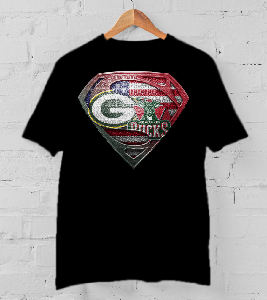 Green Bay Packers Milwaukee Bucks American Flag Superman Shield T-Shirt
