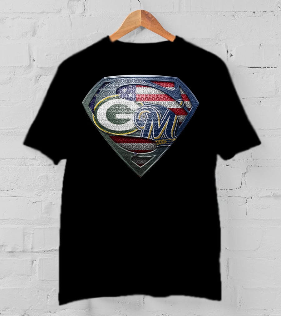 Packers Brewers Superman Shield American Flag T-Shirt