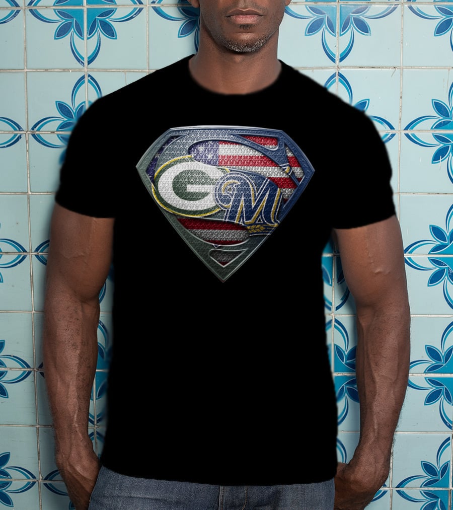 Packers Brewers Superman Shield American Flag T-Shirt