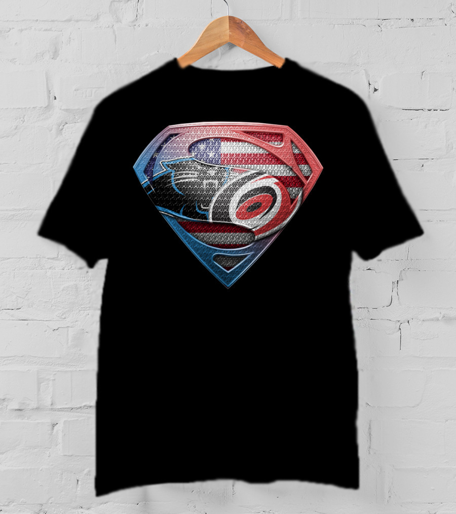 Carolina Panthers And Hurricanes Superman Shield Usa Flag Combination T-Shirt