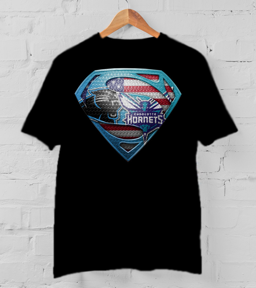 Carolina Panthers Charlotte Hornets American Flag Superman Shield T-Shirt