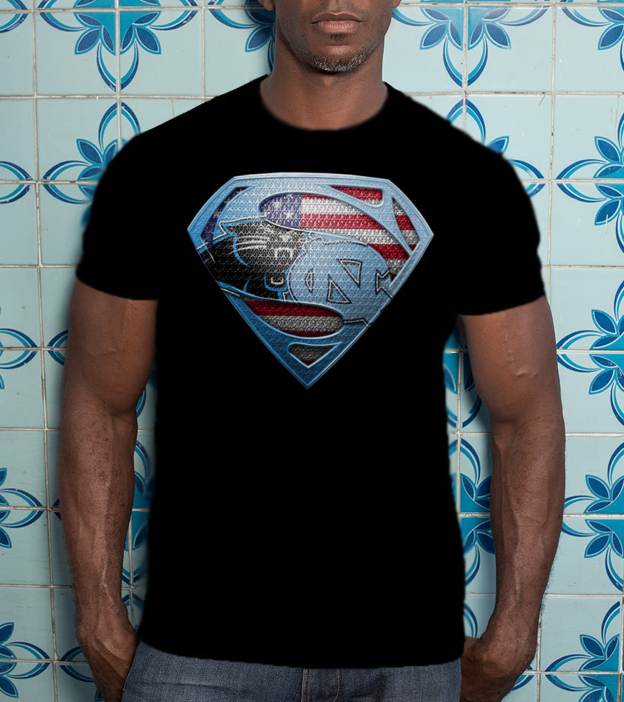 North Carolina Tar Heels And Carolina Panthers Superman Shield With American Flag T-Shirt