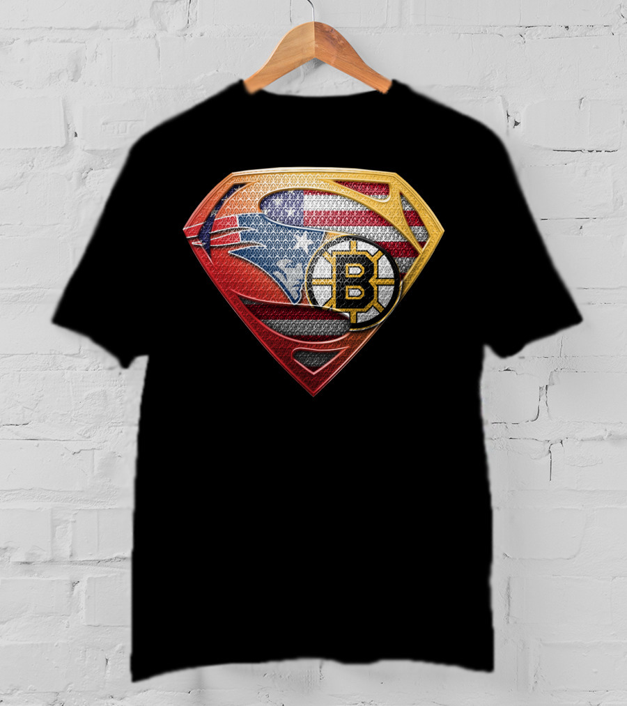 Superman Shield American Flag Boston Bruins New England Patriots T-Shirt