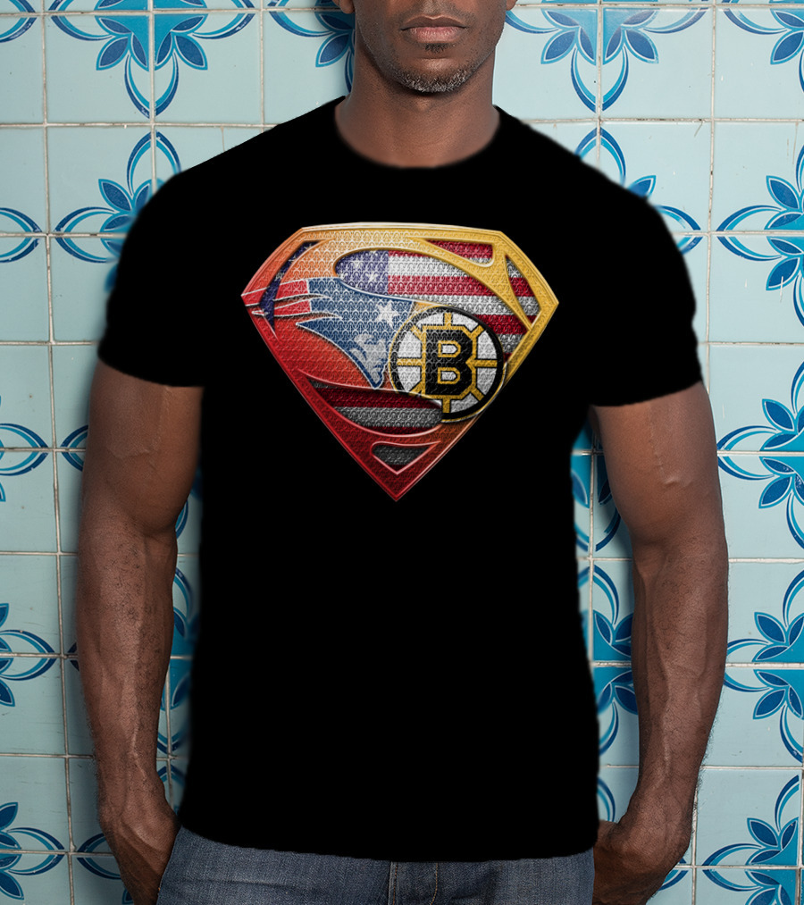 Superman Shield American Flag Boston Bruins New England Patriots T-Shirt