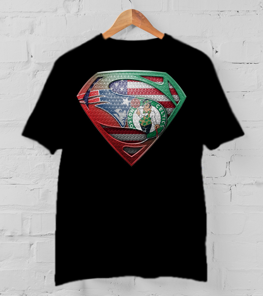 Superman Shield With Boston Celtics Logo And American Flag T-Shirt