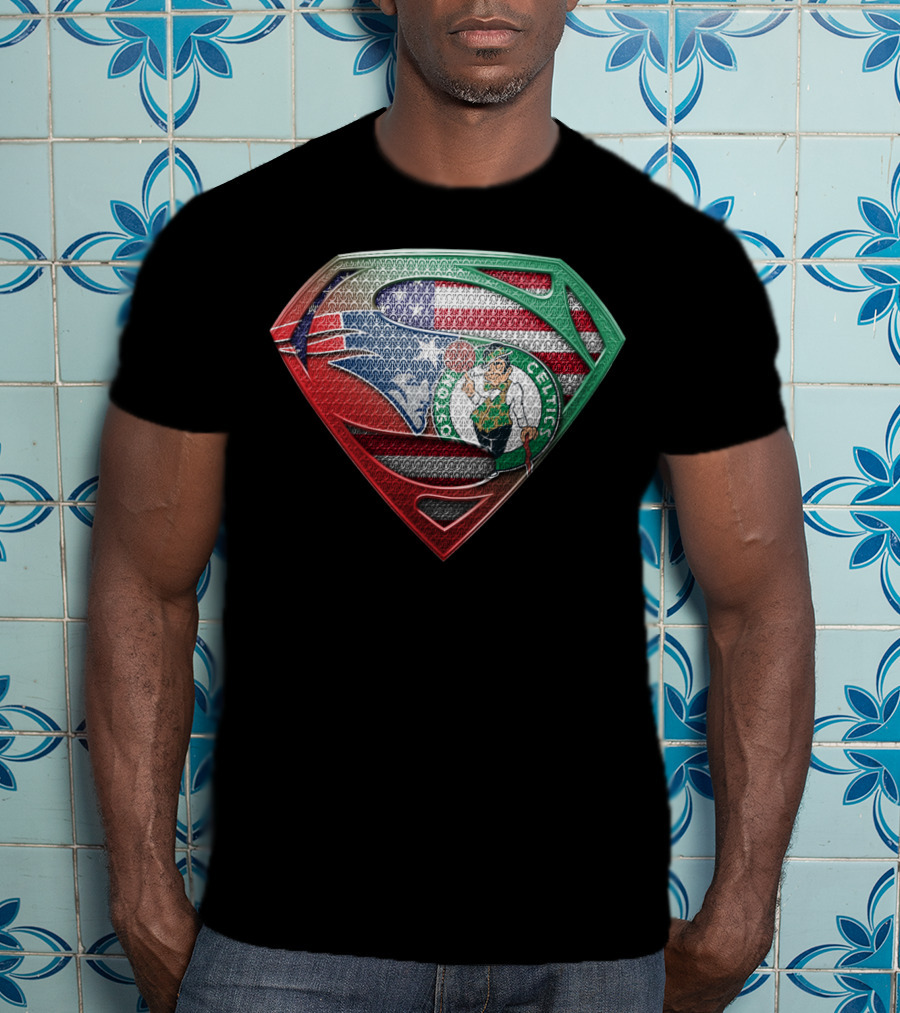 Superman Shield With Boston Celtics Logo And American Flag T-Shirt