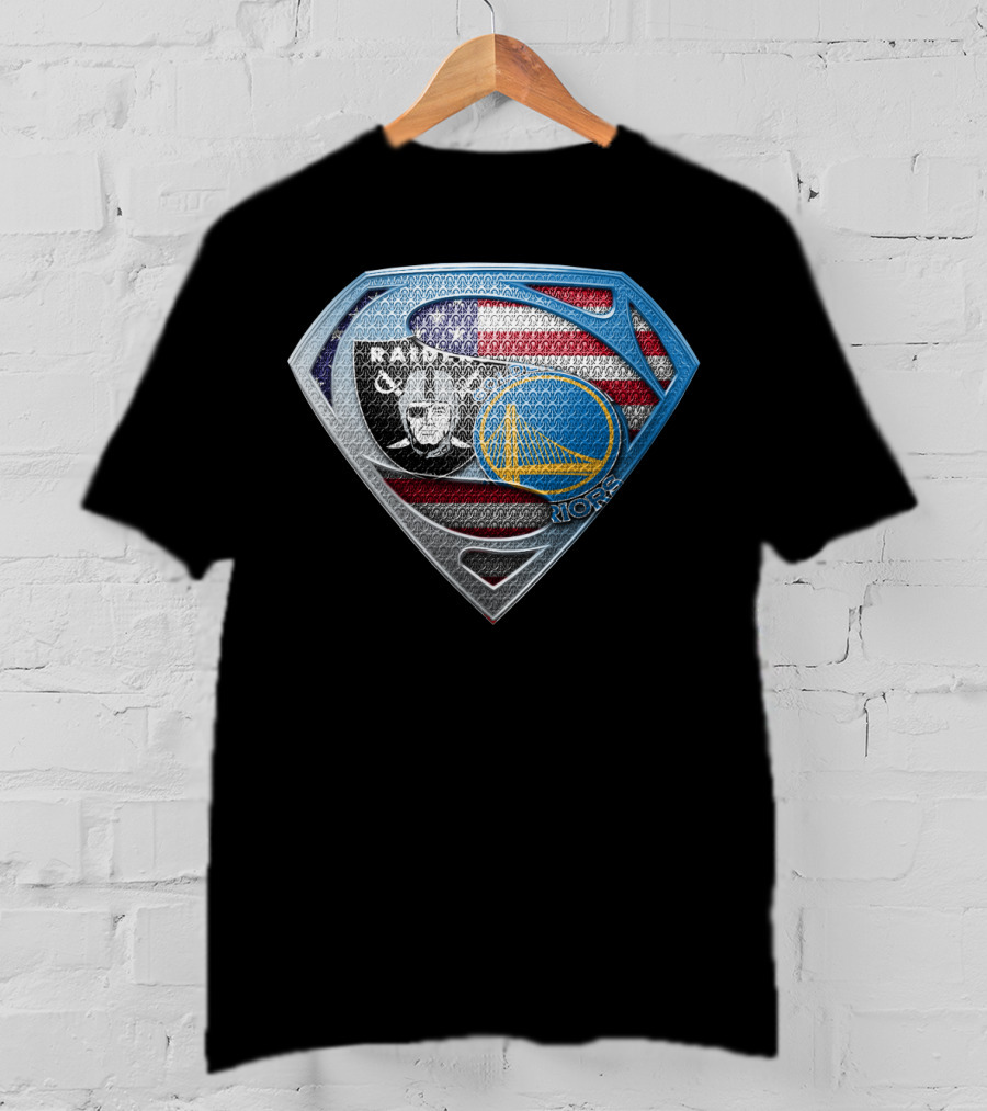 Raiders Warriors Usa Shield Nfl Nba Iconic Logo Fusion T-Shirt