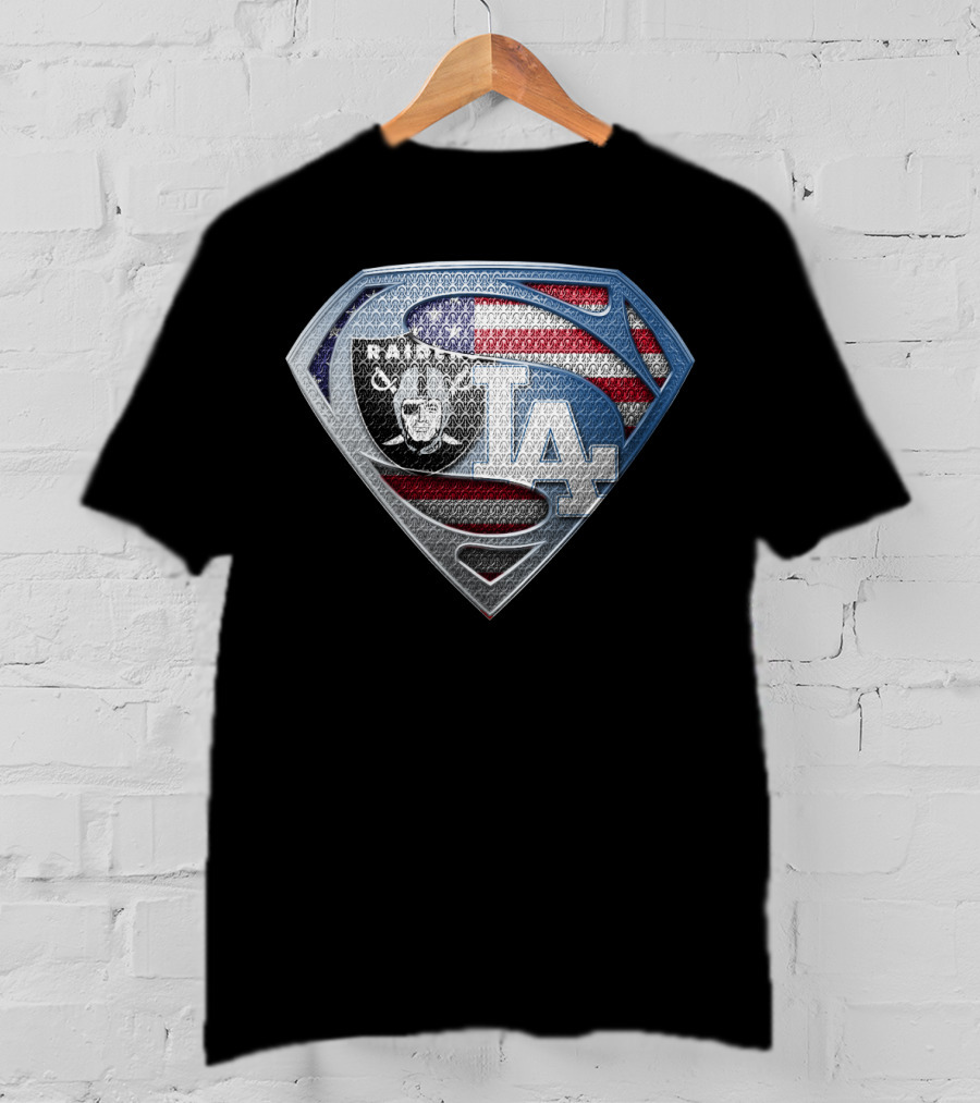 Raiders La Dodgers Superman Logo American Flag Football Baseball Fan T-Shirt