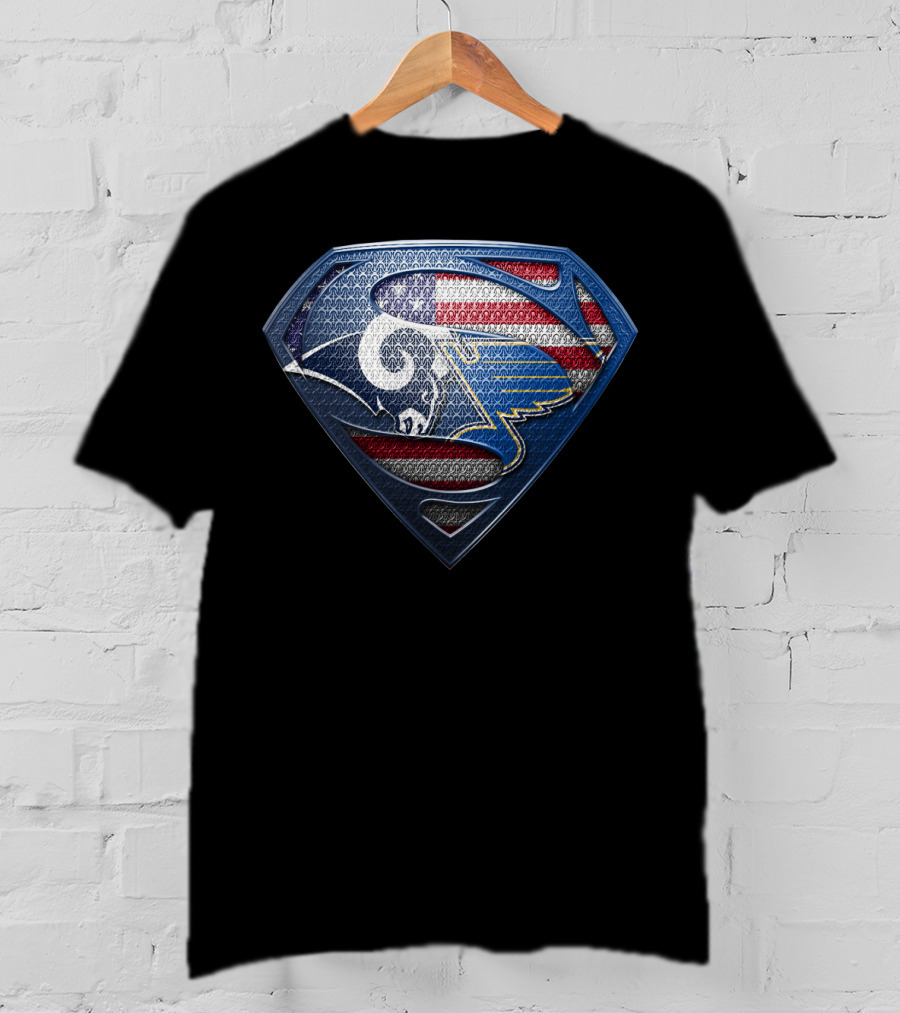Los Angeles Rams St. Louis Blues American Flag Superman Shield Fusion T-Shirt