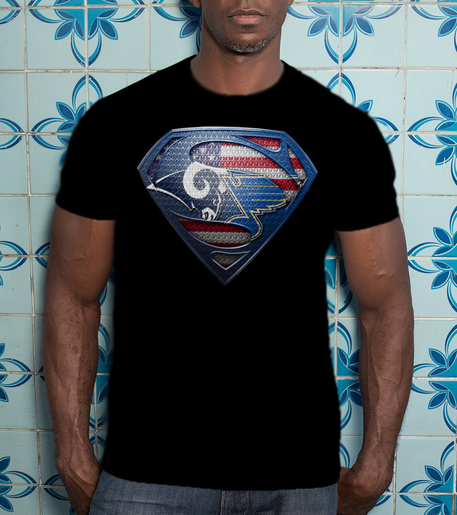Los Angeles Rams St. Louis Blues American Flag Superman Shield Fusion T-Shirt