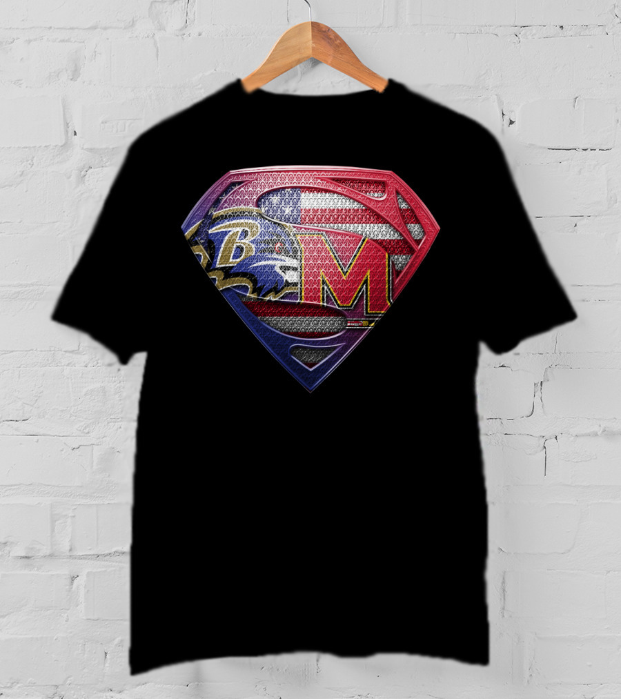 Baltimore Ravens Maryland Terrapins Superman Logo American Flag T-Shirt