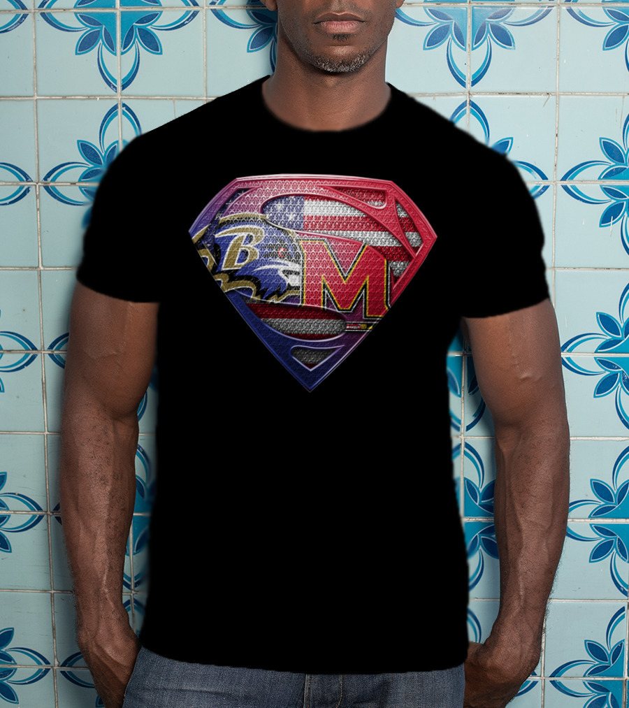 Baltimore Ravens Maryland Terrapins Superman Logo American Flag T-Shirt