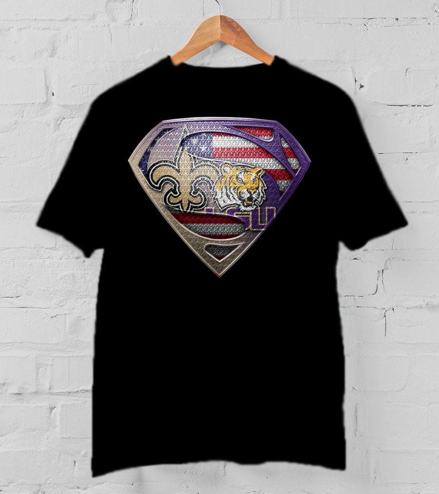 Superman Shield Saints Lsu Tigers American Flag T-Shirt