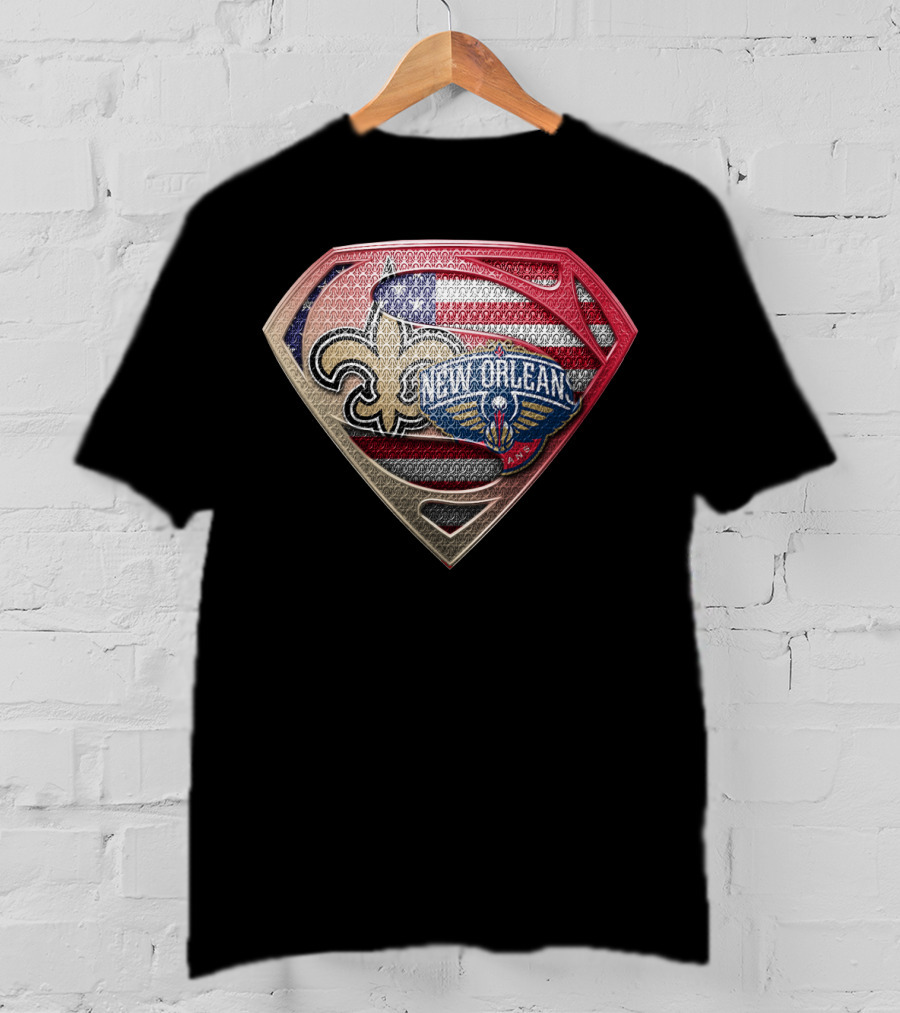 New Orleans Saints Pelicans Super Shield American Flag T-Shirt