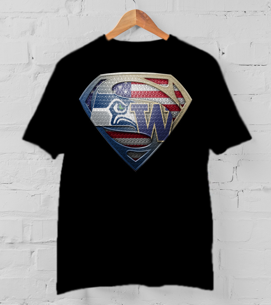 Seattle Seahawks Superman Logo With American Flag And Washington Huskies W T-Shirt