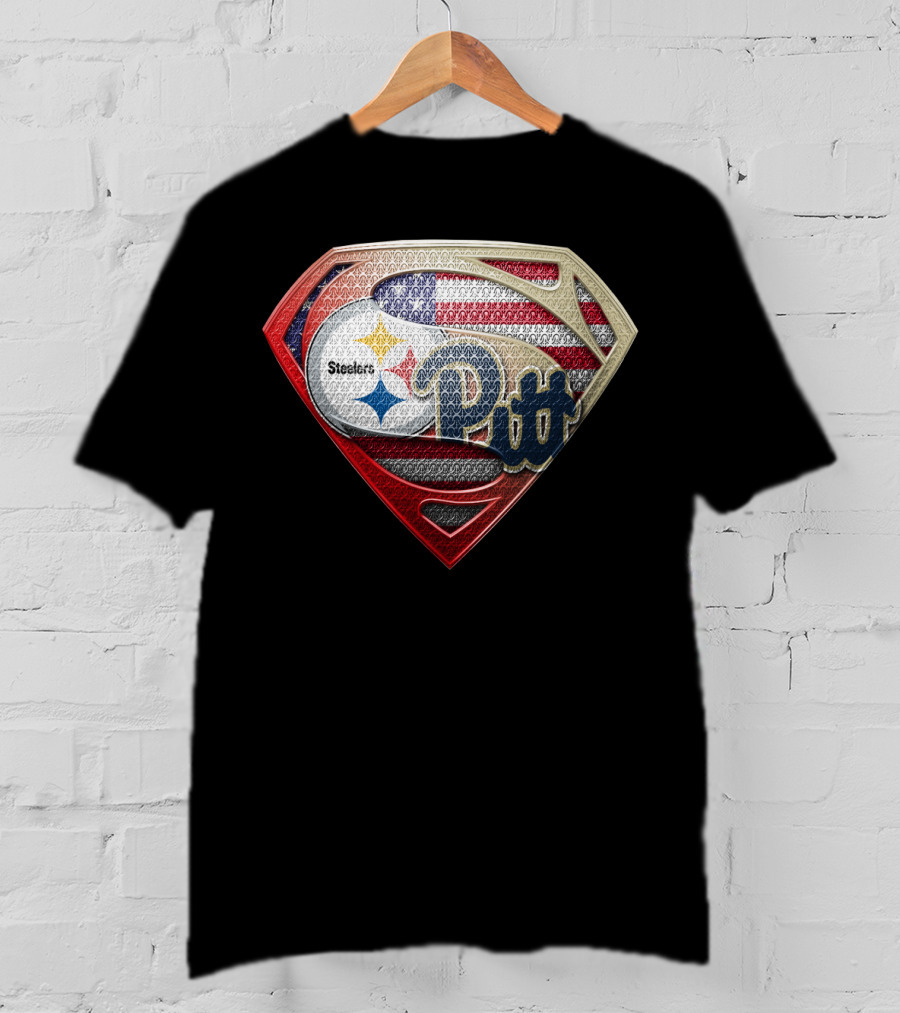 Steelers Pitt Superman Shield American Flag T-Shirt