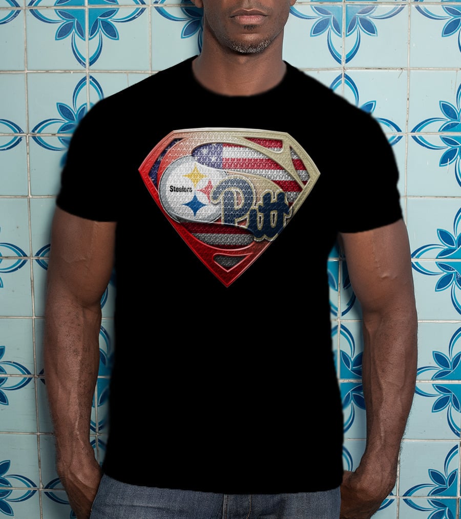 Steelers Pitt Superman Shield American Flag T-Shirt