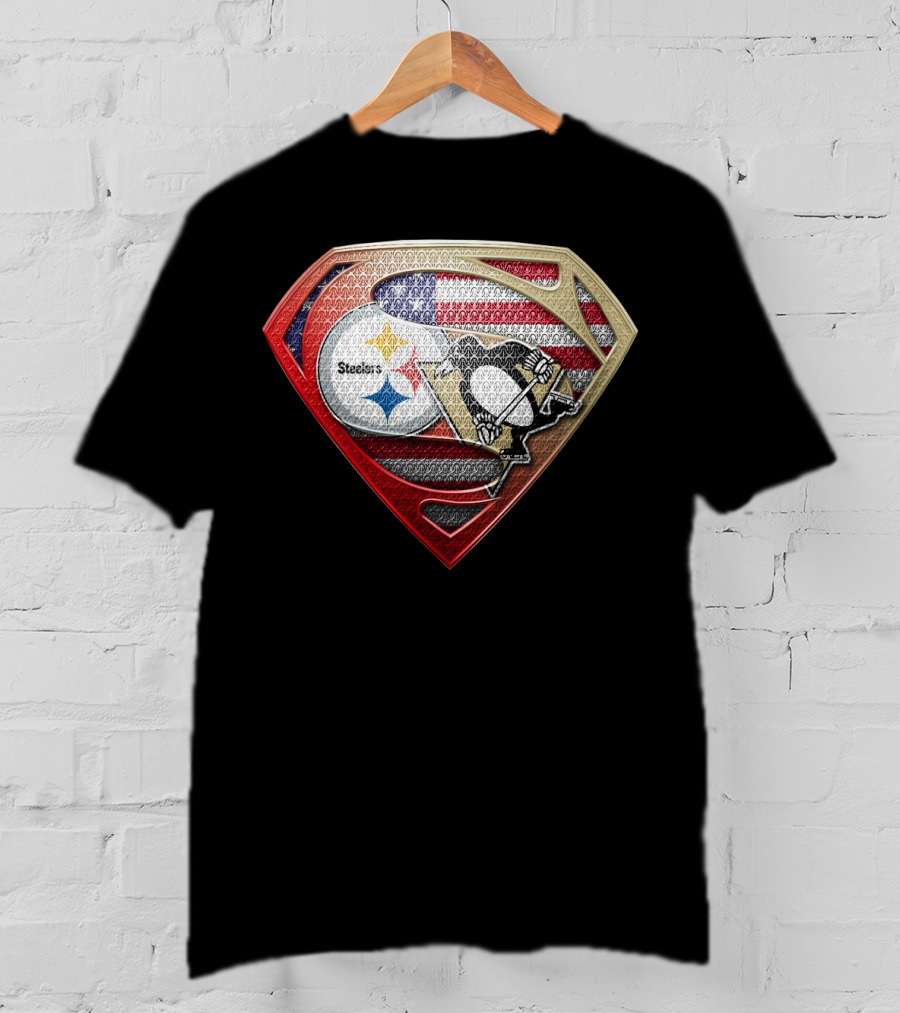 Steelers Penguins American Flag Superman Shield T-Shirt