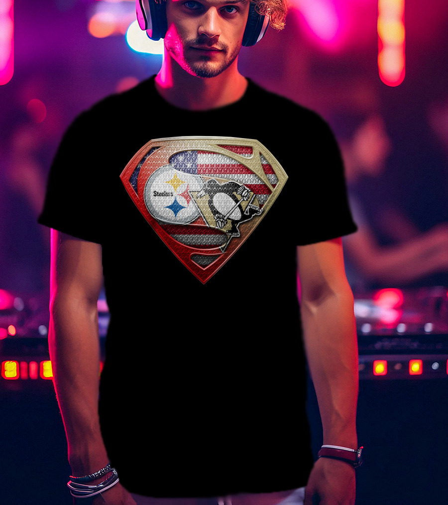 Steelers Penguins American Flag Superman Shield T-Shirt