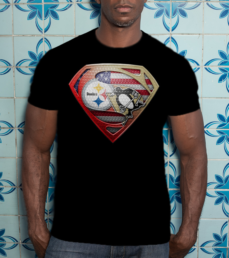 Steelers Penguins American Flag Superman Shield T-Shirt