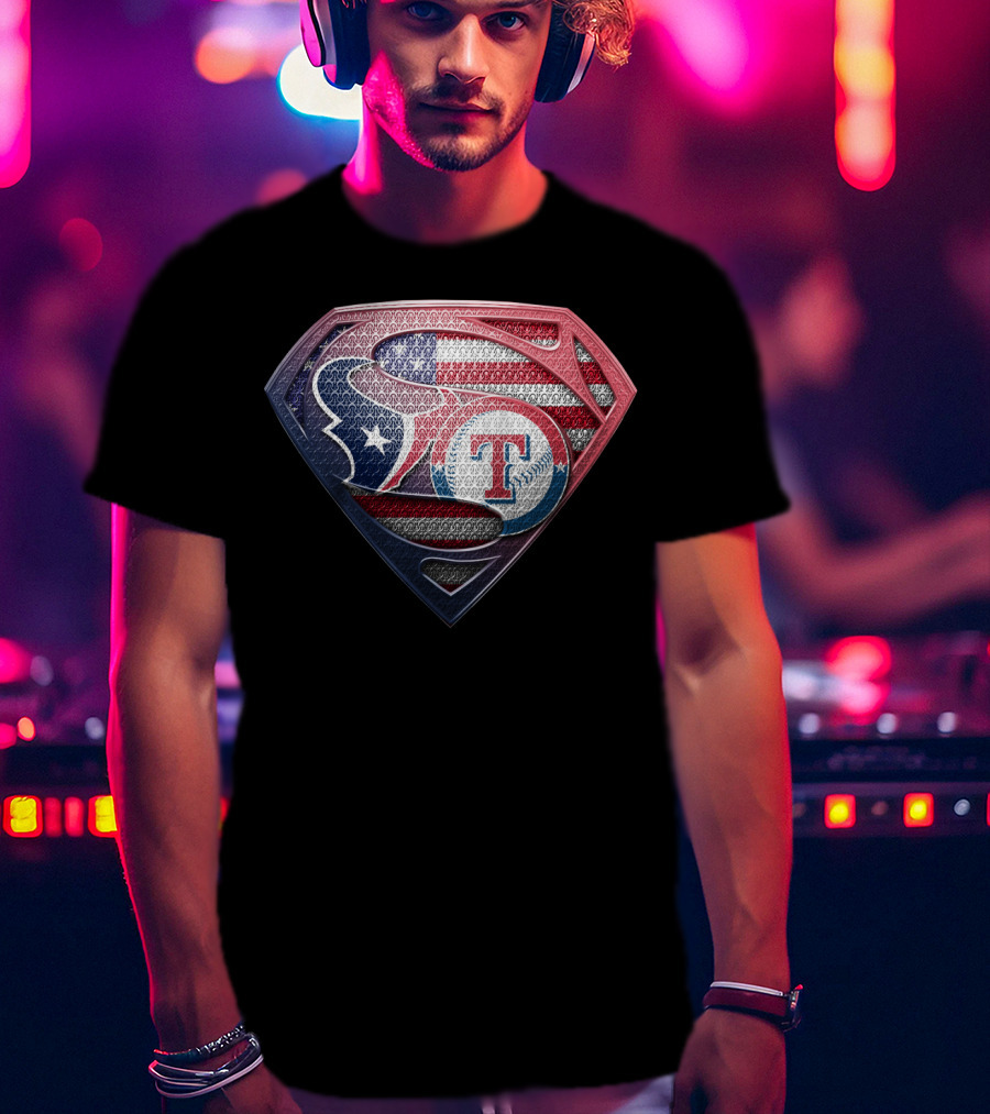 Houston Texans Texas Rangers Superman Logo Usa Flag T-Shirt