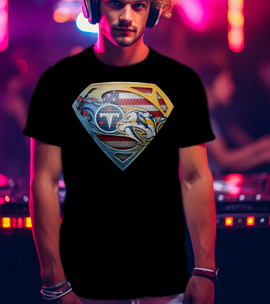 Tennessee Titans Nashville Predators American Flag Superman Shield Sspus130 T-Shirt