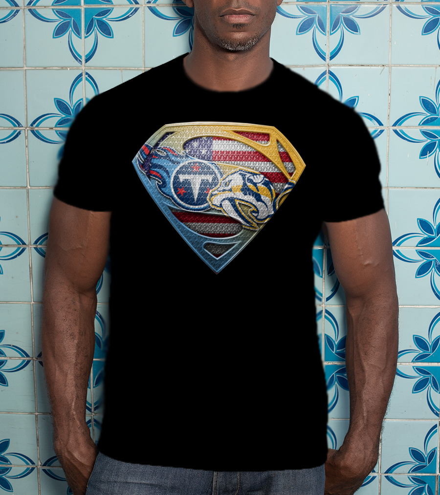 Tennessee Titans Nashville Predators American Flag Superman Shield Sspus130 T-Shirt