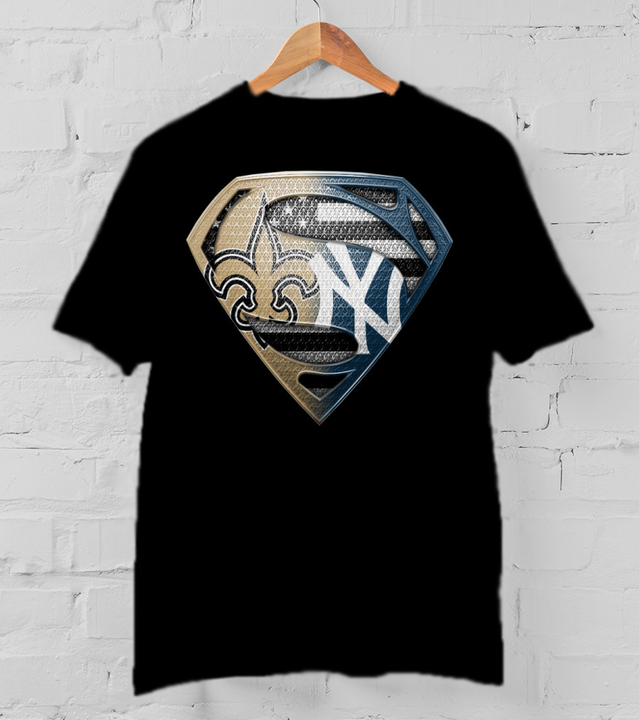 Superman Shield New York Yankees New Orleans Saints Logo Combination T-Shirt