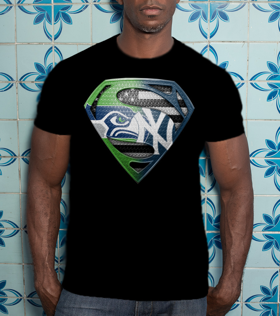 Seattle Seahawks New York Yankees Superman Shield Logo Mashup T-Shirt